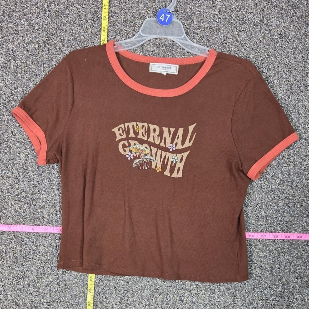 No Comment Ringer Tee Women L Brown Eternal Growth Mushroom Ribbed Graphic Top